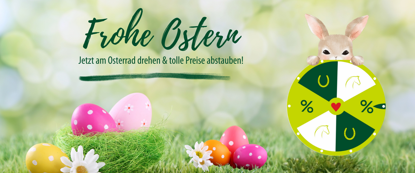Osterbanner mit bunten Eiern im Gras, „Frohe Ostern“-Schriftzug und Hase am Glücksrad mit Gewinnspiel.